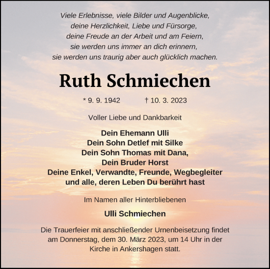 Traueranzeige von Ruth Schmiechen von Müritz-Zeitung