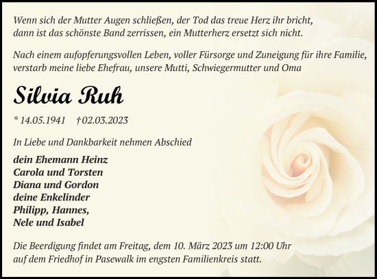 Traueranzeige von Silvia Ruh von Pasewalker Zeitung