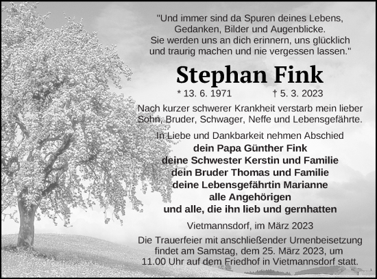 Traueranzeige von Stephan Fink von Templiner Zeitung