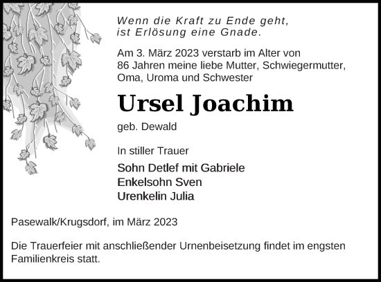 Traueranzeige von Ursel Joachim von Pasewalker Zeitung