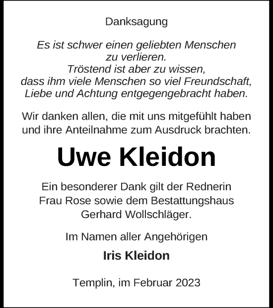 Traueranzeige von Uwe Kleidon von Templiner Zeitung
