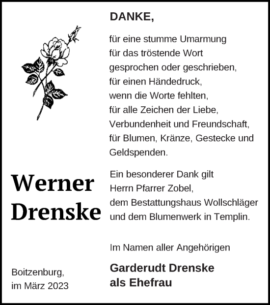Traueranzeige von Werner Drenske von Templiner Zeitung