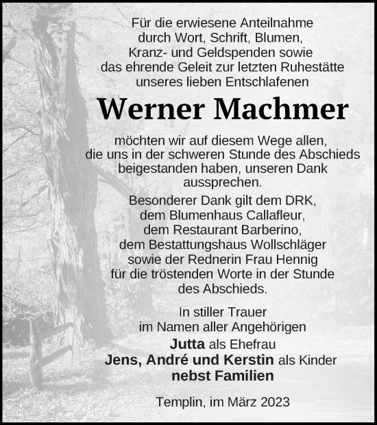 Traueranzeige von Werner Machmer von Templiner Zeitung