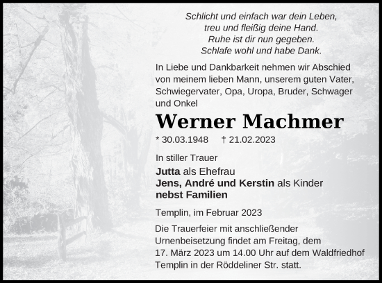 Traueranzeige von Werner Machmer von Templiner Zeitung