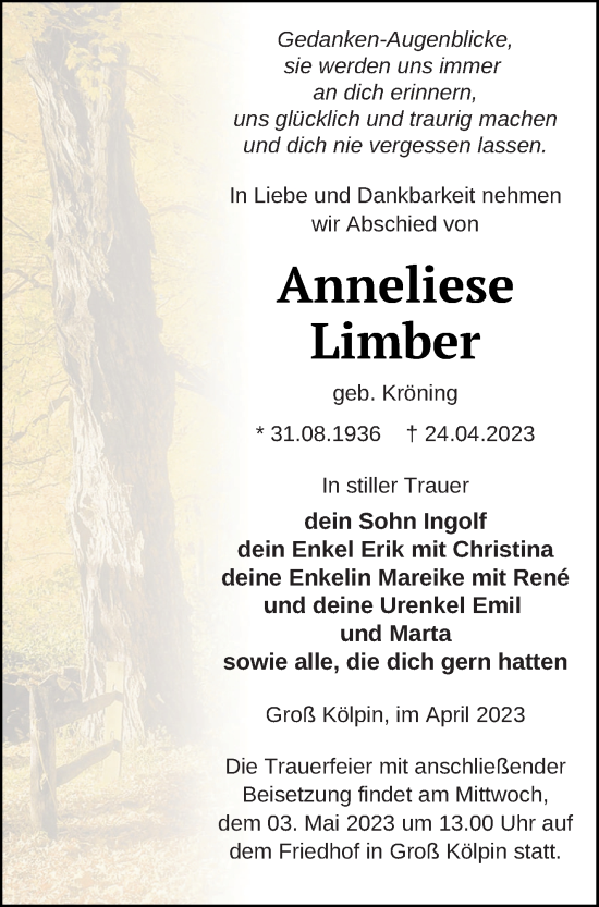 Traueranzeige von Anneliese Limber von Templiner Zeitung