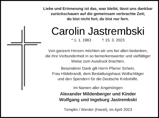 Traueranzeige von Carolin Jastrembski von Templiner Zeitung