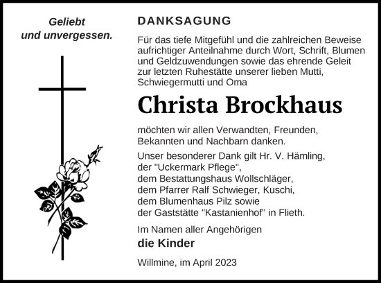 Traueranzeige von Christa Brockhaus von Templiner Zeitung