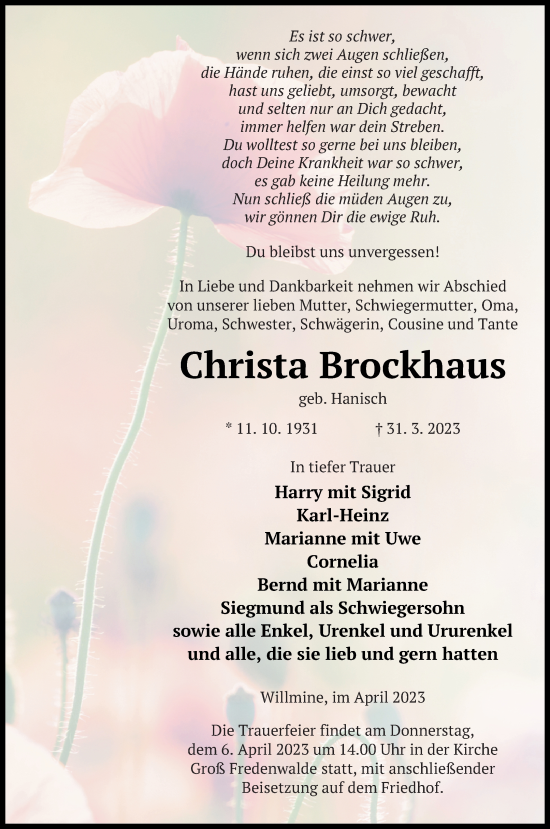 Traueranzeige von Christa Brockhaus von Templiner Zeitung