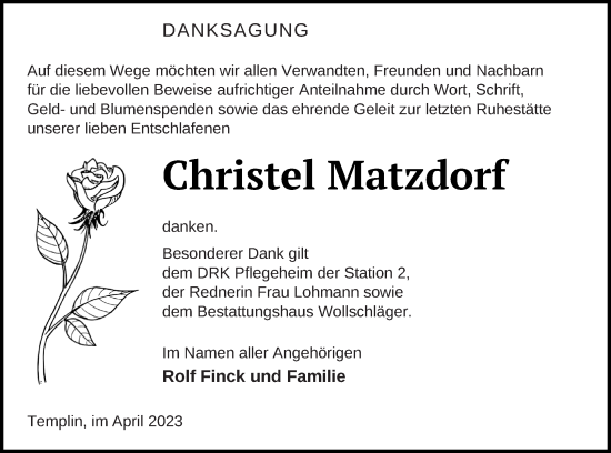 Traueranzeige von Christel Matzdorf von Templiner Zeitung