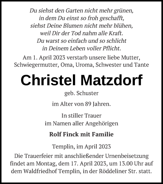 Traueranzeige von Christel Matzdorf von Templiner Zeitung