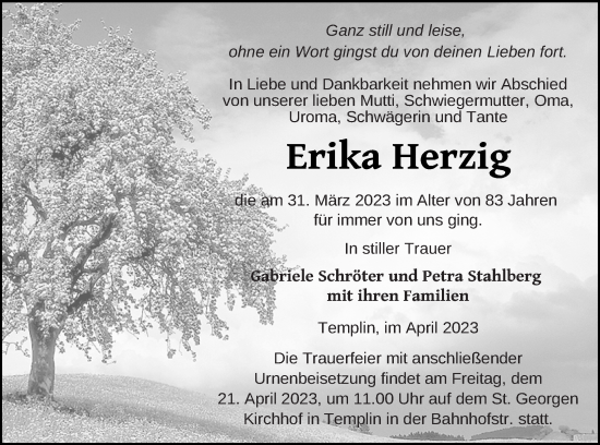 Traueranzeige von Erika Herzig von Templiner Zeitung