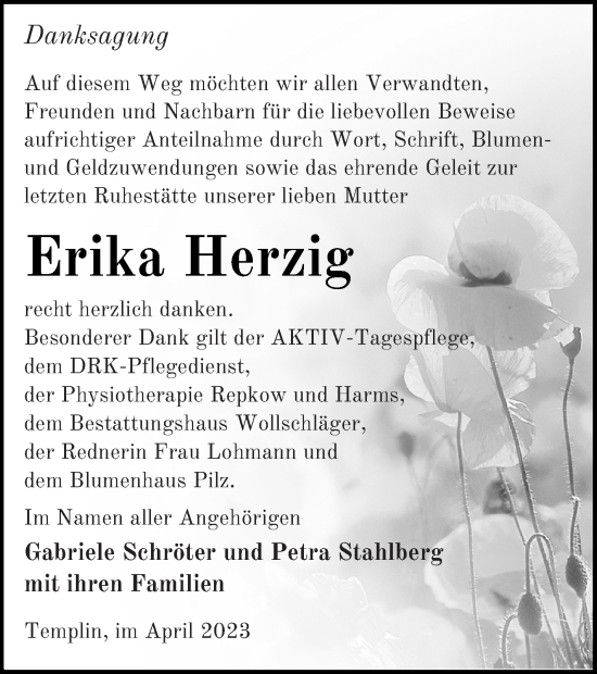 Traueranzeige von Erika Herzig von Templiner Zeitung