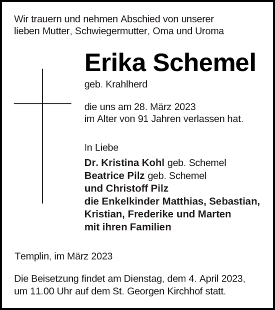 Traueranzeige von Erika Schemel von Templiner Zeitung