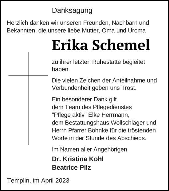 Traueranzeige von Erika Schemel von Templiner Zeitung