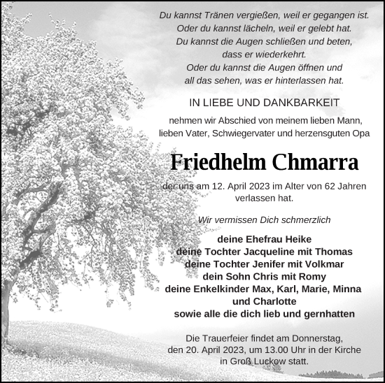 Traueranzeige von Friedhelm Chmarra von Pasewalker Zeitung