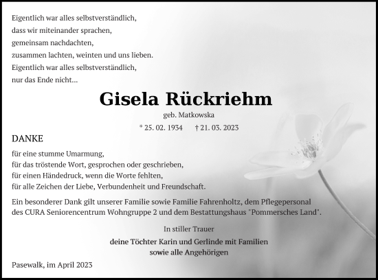 Traueranzeige von Gisela Rückriehm von Pasewalker Zeitung