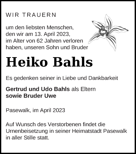 Traueranzeige von Heiko Bahls von Pasewalker Zeitung