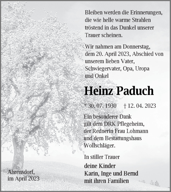 Traueranzeige von Heinz Paduch von Templiner Zeitung