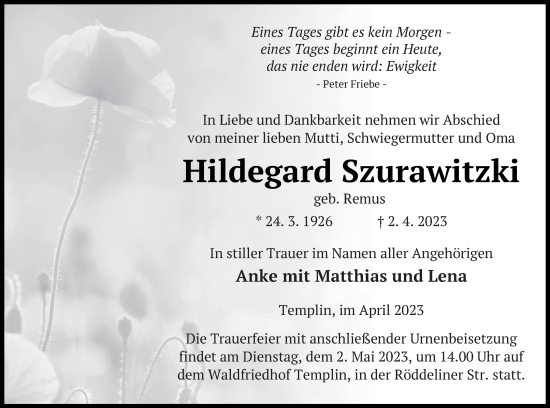 Traueranzeige von Hildegard Szurawitzki von Templiner Zeitung