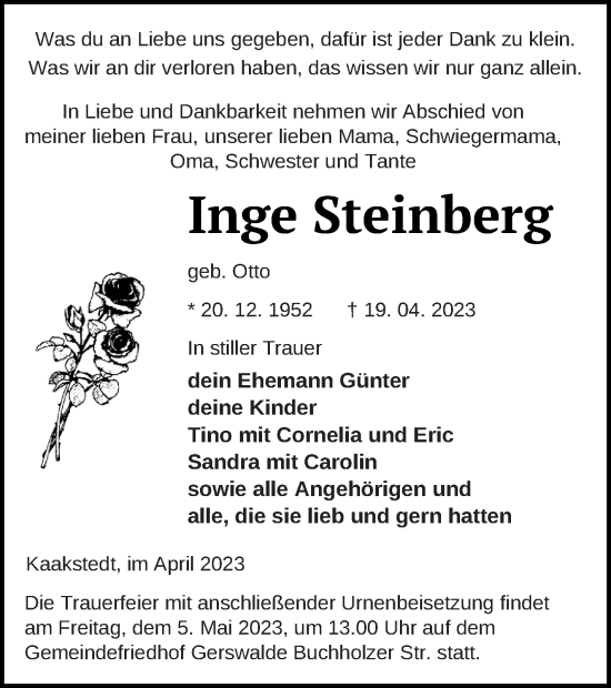 Traueranzeige von Inge Steinberg von Templiner Zeitung