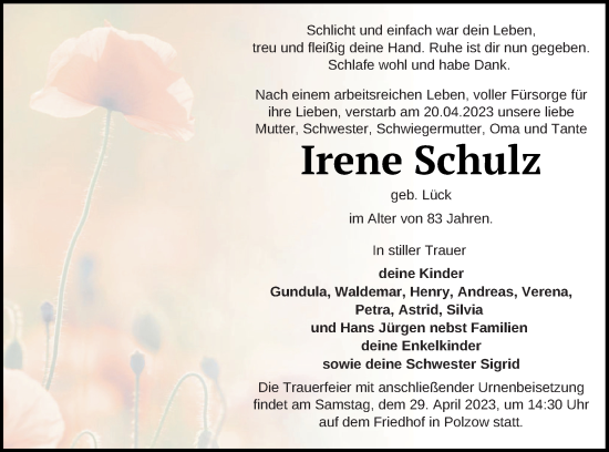 Traueranzeige von Irene Schulz von Pasewalker Zeitung