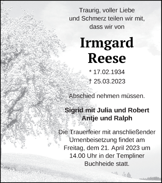 Traueranzeige von Irmgard Reese von Templiner Zeitung