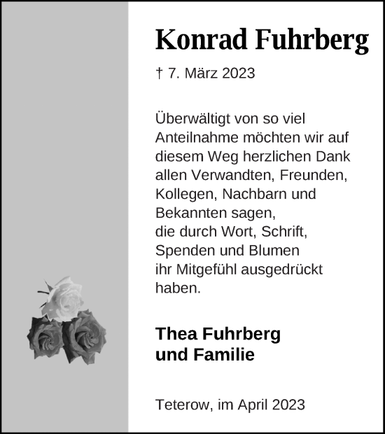 Traueranzeige von Konrad Fuhrberg von Mecklenburger Schweiz