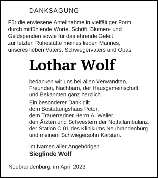 Traueranzeige von Lothar Wolf von Neubrandenburger Zeitung