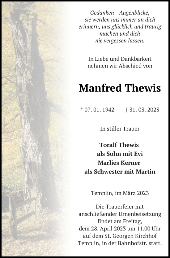 Traueranzeige von Manfred Thewis von Templiner Zeitung
