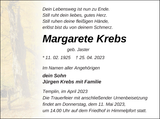 Traueranzeige von Margarete Krebs von Templiner Zeitung