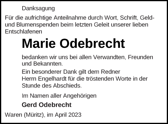 Traueranzeige von Marie Odebrecht von Müritz-Zeitung