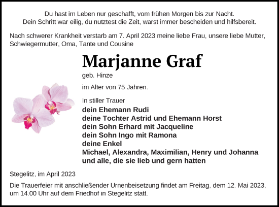 Traueranzeige von Marjanne Graf von Templiner Zeitung