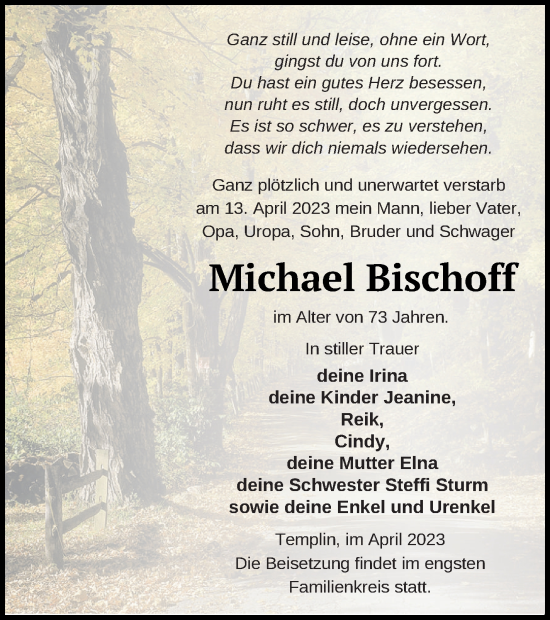 Traueranzeige von Michael Bischoff von Templiner Zeitung