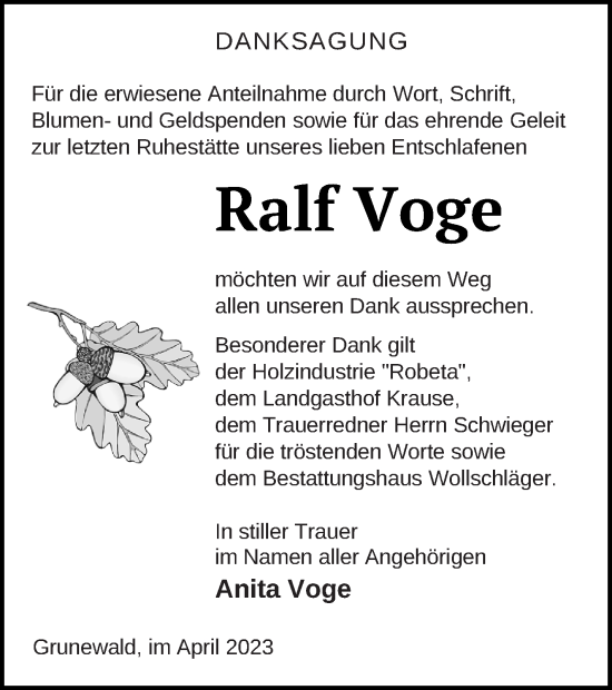 Traueranzeige von Ralf Voge von Templiner Zeitung