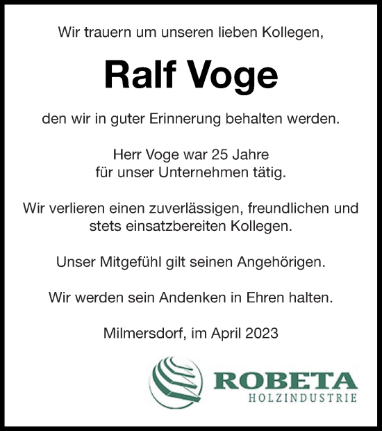 Traueranzeige von Ralf Voge von Templiner Zeitung