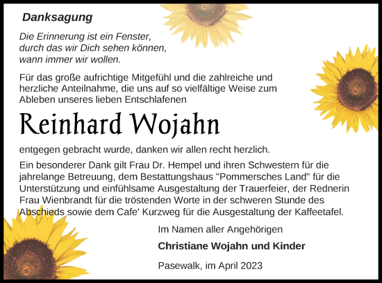 Traueranzeige von Reinhard Wojahn von Pasewalker Zeitung
