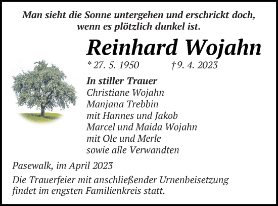 Traueranzeige von Reinhard Wojahn von Pasewalker Zeitung