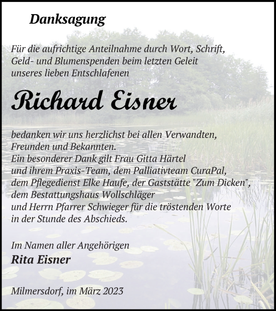 Traueranzeige von Richard Eisner von Templiner Zeitung