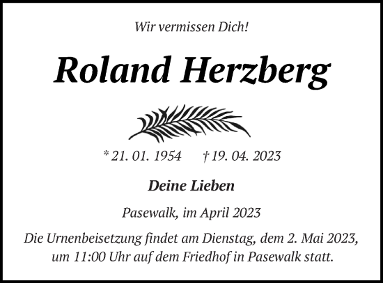 Traueranzeige von Roland Herzberg von Prenzlauer Zeitung