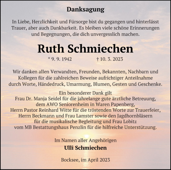 Traueranzeige von Ruth Schmiechen von Müritz-Zeitung