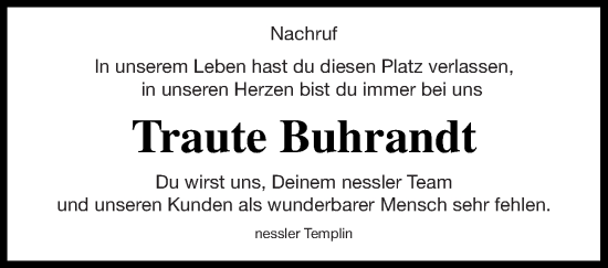 Traueranzeige von Traute Buhrandt von Templiner Zeitung