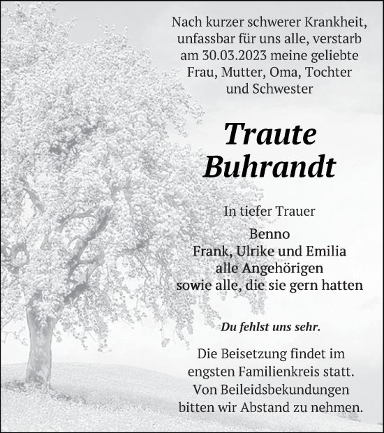 Traueranzeige von Traute Buhrandt von Templiner Zeitung