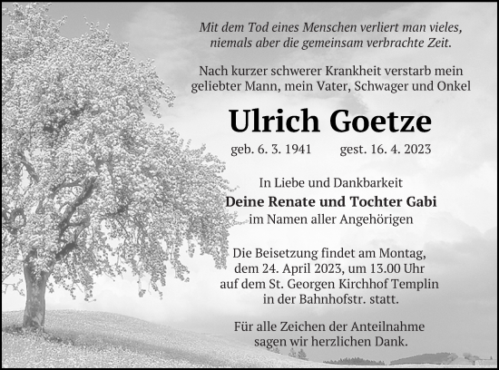 Traueranzeige von Ulrich Goetze von Templiner Zeitung