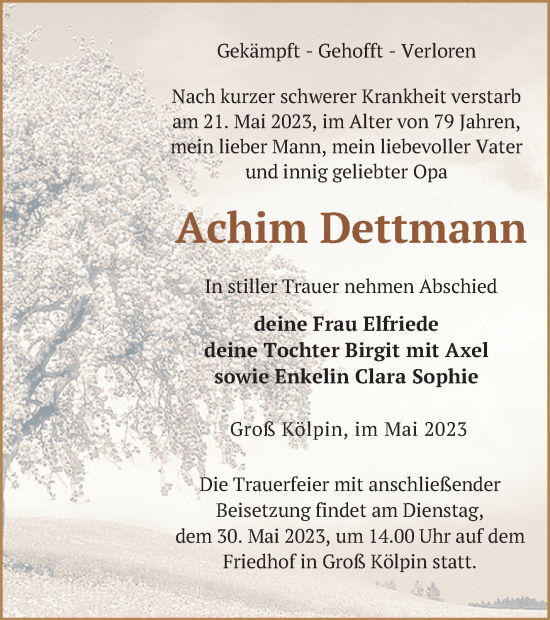 Traueranzeige von Achim Dettmann von Templiner Zeitung