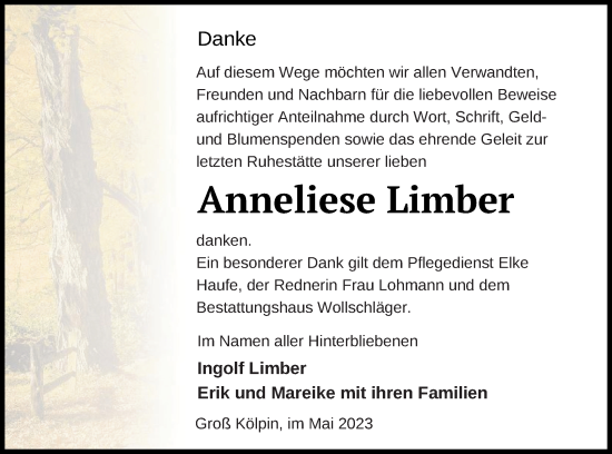 Traueranzeige von Anneliese Limber von Templiner Zeitung