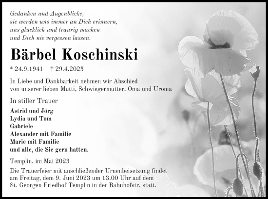 Traueranzeige von Bärbel Koschinski von Templiner Zeitung