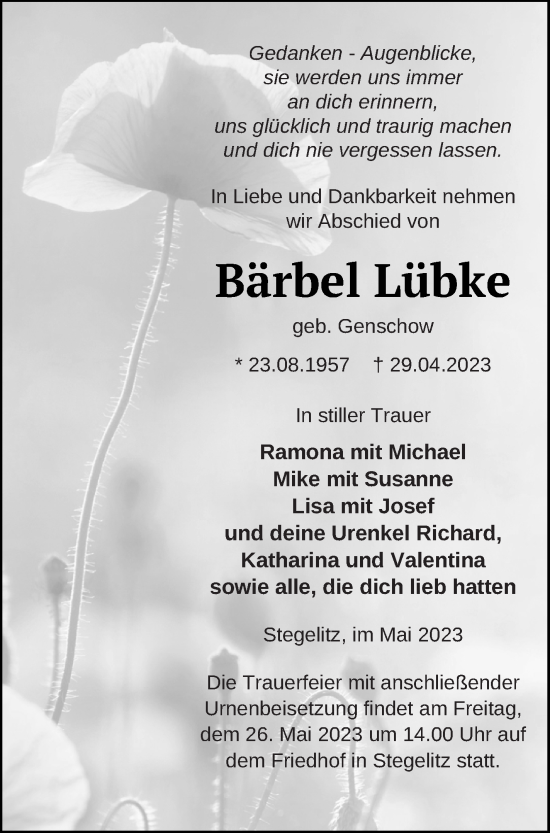 Traueranzeige von Bärbel Lübke von Templiner Zeitung