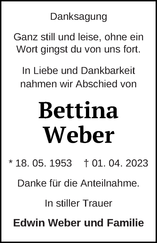 Traueranzeige von Bettina Weber von Templiner Zeitung