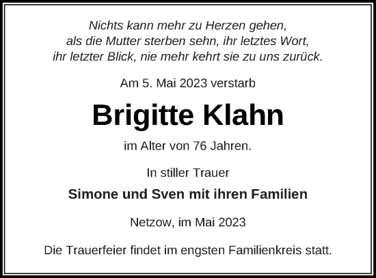 Traueranzeige von Brigitte Klahn von Templiner Zeitung