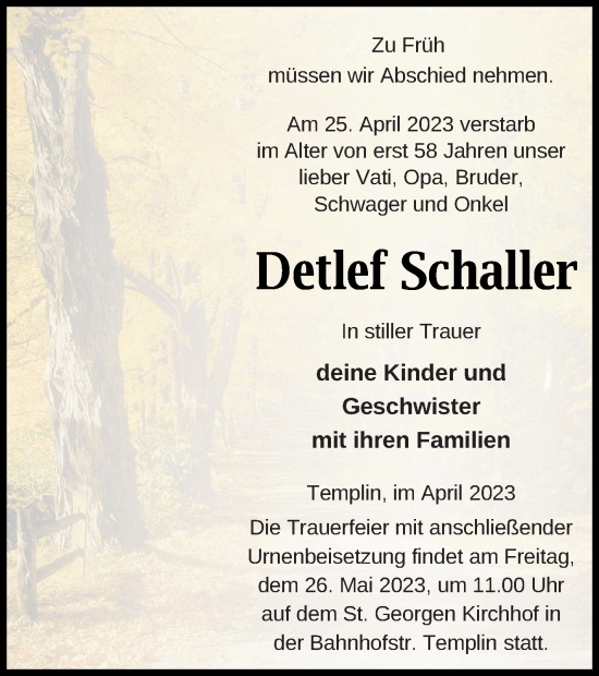 Traueranzeige von Detlef Schaller von Templiner Zeitung